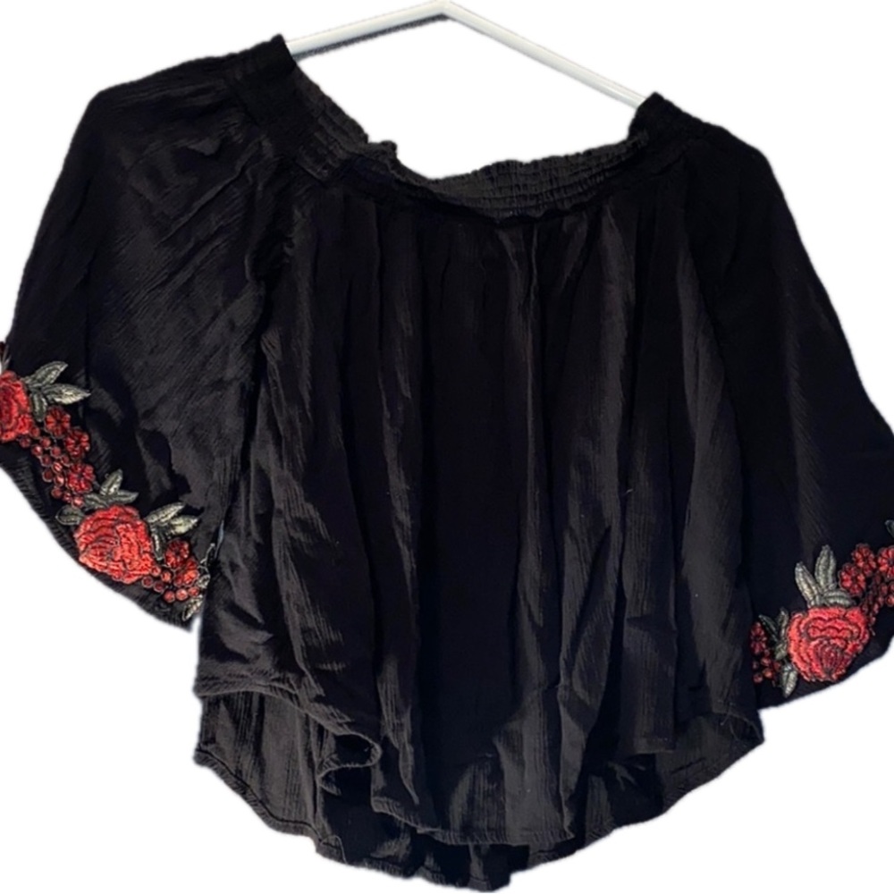 Black Embellished Blouse with Red Embroidery